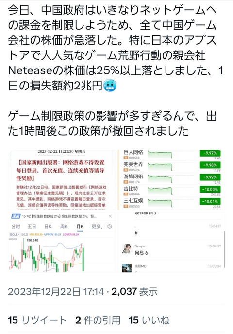 【速報】中国当局、ゲーム規制を撤回